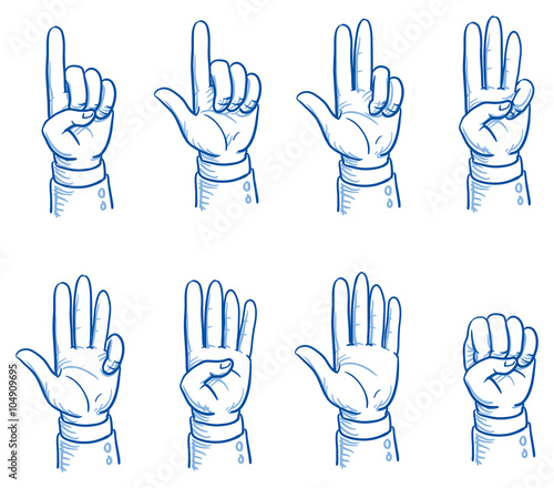 Set of business man hands showing different numbers, counting, pointing, fist. Hand drawn vector cartoon Illustration