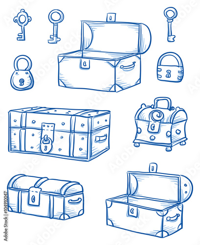 Set of different wooden boxes and treasure chests, open and closed, locks an keys hand drawn vector illustration.
