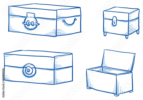 Set of four different boxes, chests, open and closed, hand drawn vector illustration.