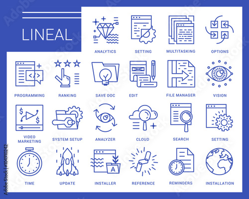 Line vector icons in a modern style. Programs and Features, windows applications, browser, pages prototyping interface, application programming.