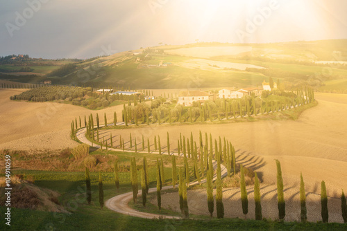 Villa in Tuscany with cypress road, idyllic seasonal nature sunny landscape vintage background