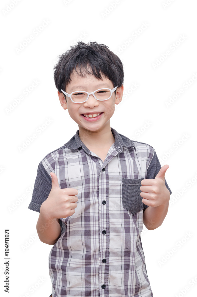 Young asian boy smiling with thumb up over white