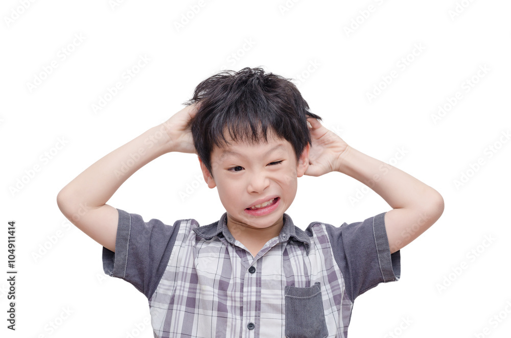 Young Asian boy scratching his scalp over white Young Asian boy scratching his scalp over white