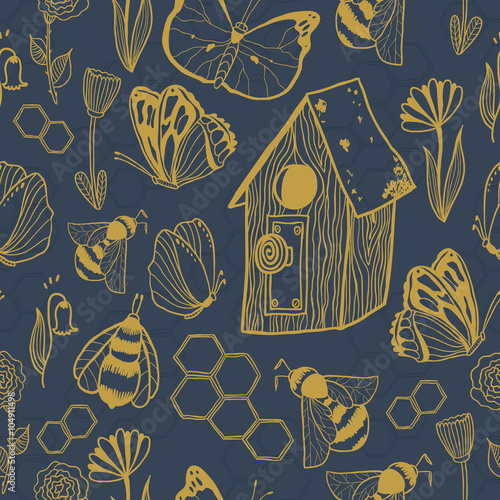 Honey Meadows seamless vector pattern. Flowers, bees, butterflies, honeycombs. Cute summer theme for scrapbook paper, fabrics and web.