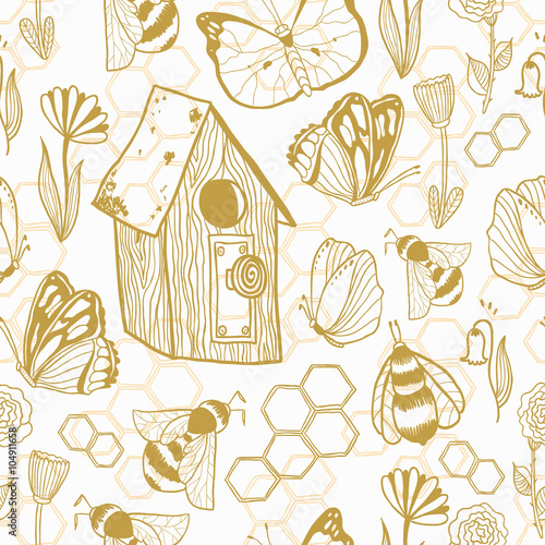 Honey Meadows seamless vector pattern. Flowers, bees, butterflies, honeycombs. Cute summer theme for scrapbook paper, fabrics and web.