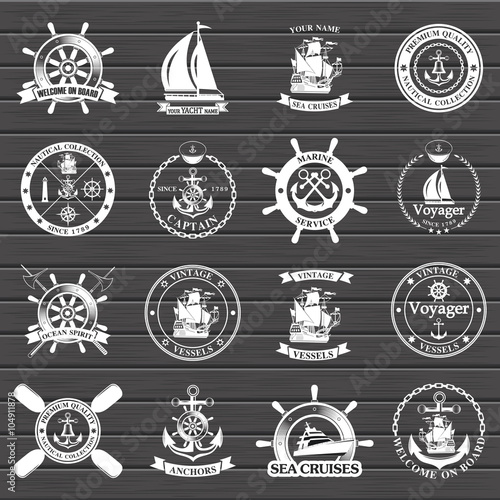 Set of vintage nautical labels, icons and design elements. 