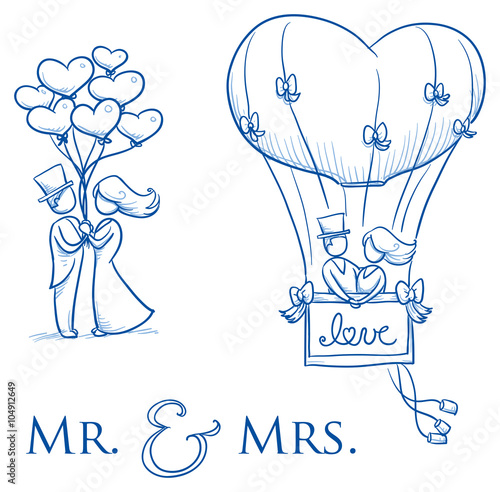 Cartoon love wedding couple with heart balloons for engagement or marriage invitation, save the date card. Hand drawn vector illustration