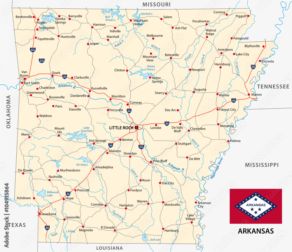 arkansas road map with flag