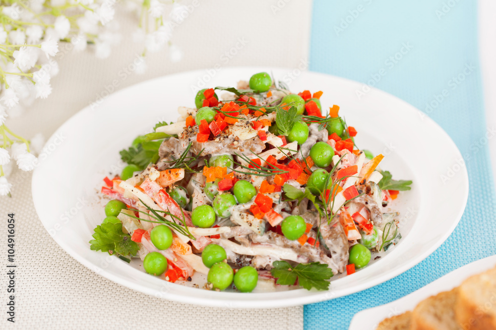 meat salad with fresh green peas meat salad with fresh green peas