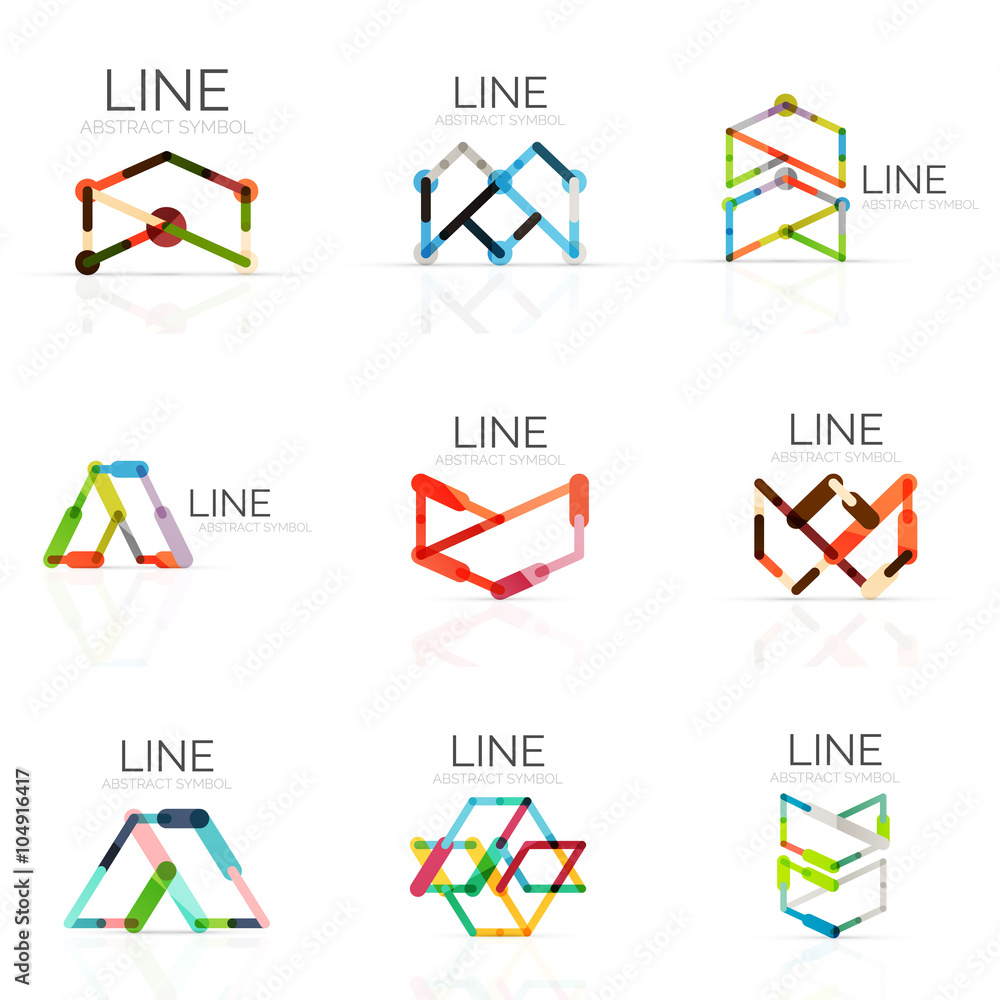 Set of linear abstract logos, connected multicolored segments lines in geometrical figures Set of linear abstract logos, connected multicolored segments lines in geometrical figures