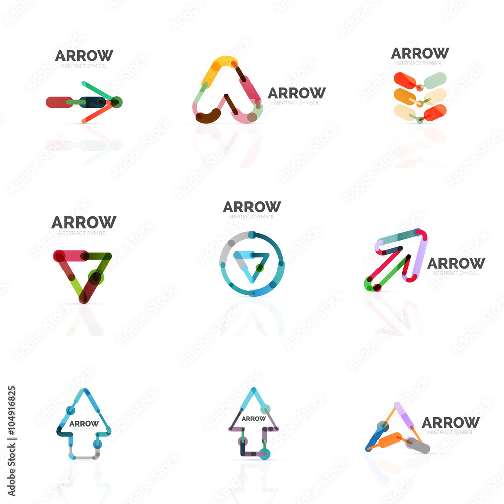 Set of linear arrow abstract logos, connected multicolored segments lines in directional pointer figures Set of linear arrow abstract logos, connected multicolored segments lines in directional pointer figures