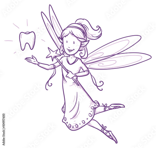 Cute little happy fairy girl flying with tooth, tooth fairy. Hand drawn vector cartoon doodle illustration