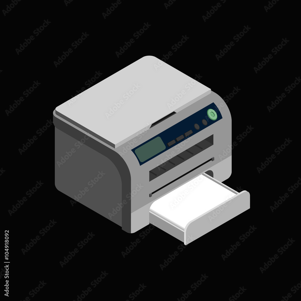 Isometric vector laser printer icon. Digital machine illustration . Modern grey office printer on dark background Isometric vector laser printer icon. Digital machine illustration . Modern grey office printer on dark background