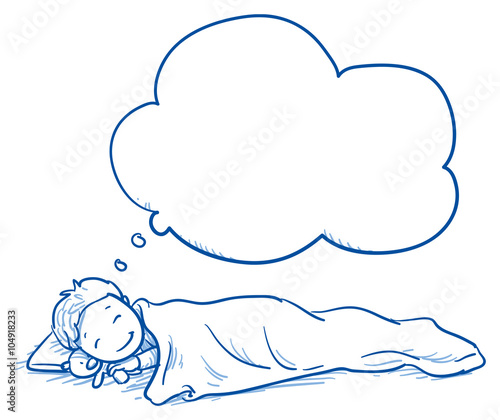 Cute little boy sleeping in his bed and dreaming something. Hand drawn cartoon doodle vector illustration.