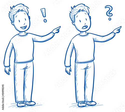 Cute little boy pointing, in two emotions happy and amazed. Hand drawn cartoon doodle vector illustration.