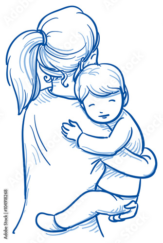 Cute little boy being carried by his mother. Hand drawn cartoon doodle vector illustration.