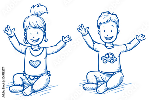Cute little girl and boy sitting and lifting their arms happily. Hand drawn cartoon doodle vector illustration.