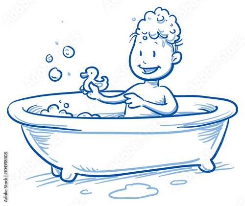Happy little boy rsitting in bath tub and playing with rubber ducky. Hand drawn cartoon doodle vector illustration.