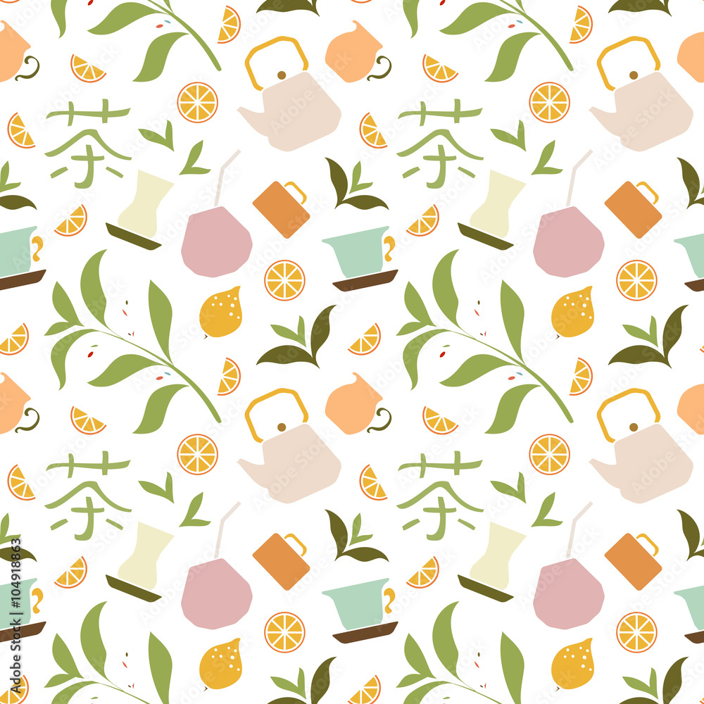 Seamless tea pattern with tea leaves, cups, lemons, teapot and chinese ...