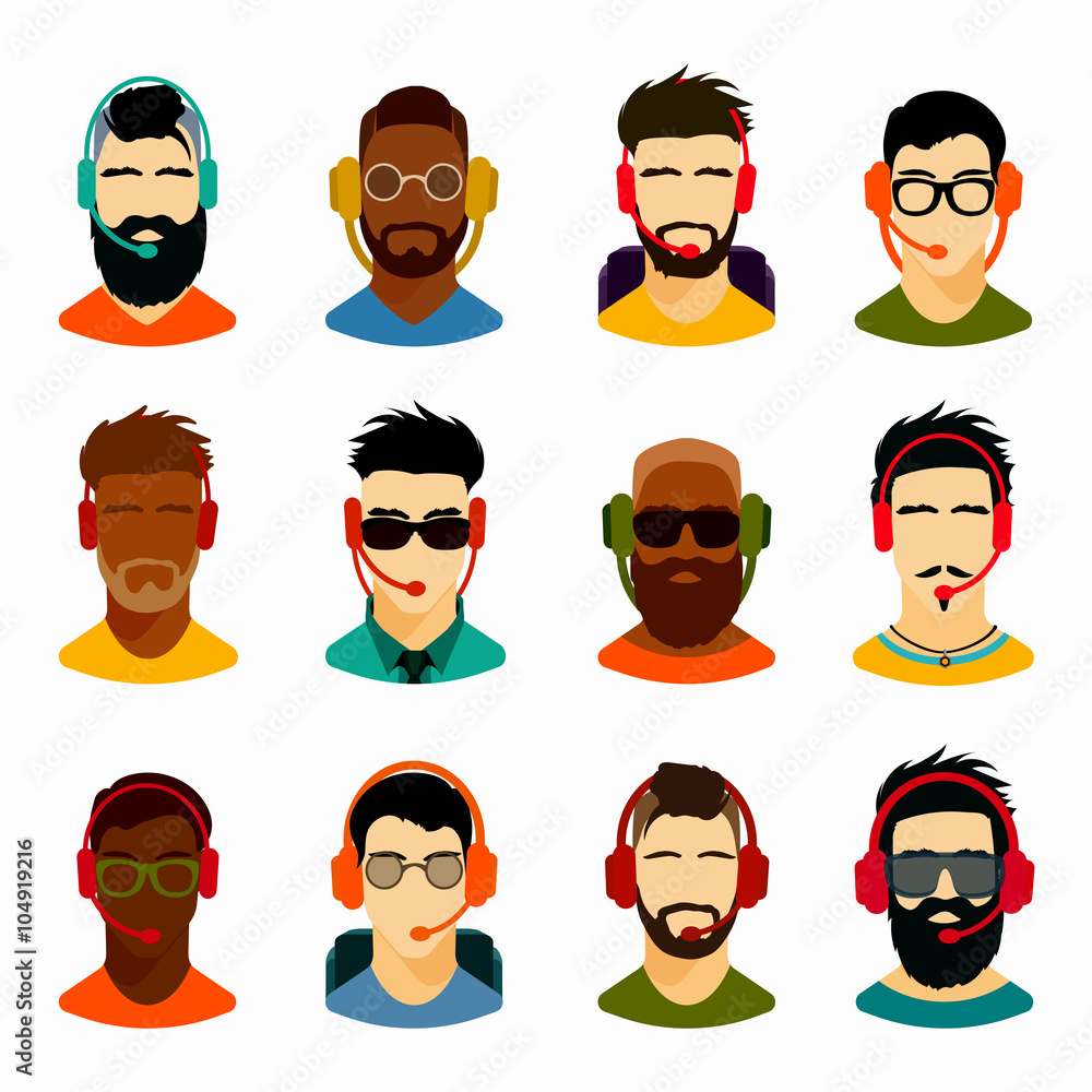 Flat icons collection of various men with glasses, headphones, stylish haircuts and beards. Modern design vector illustration set. Isolated on white background. Flat icons collection of various men with glasses, headphones, stylish haircuts and beards. Modern design vector illustration set. Isolated on white background.