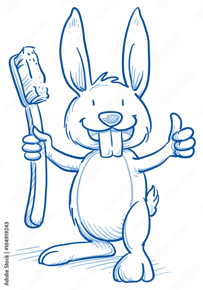 Cute cartoon bunny with shiny teeth, holding a toothbrush, showing thumb  up. Hand drawn line art cartoon vector illustration. Stock Vector | Adobe  Stock