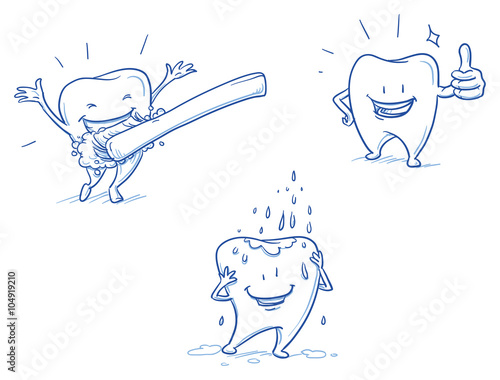 Cute happy cartoon tooth being cleaned with brush, and water, showing thumb up. Hand drawn line art cartoon vector illustration.