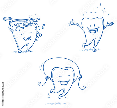 Cute happy cartoon tooth being cleaned with brush, and water, jumping happy and shiny. Hand drawn line art cartoon vector illustration.