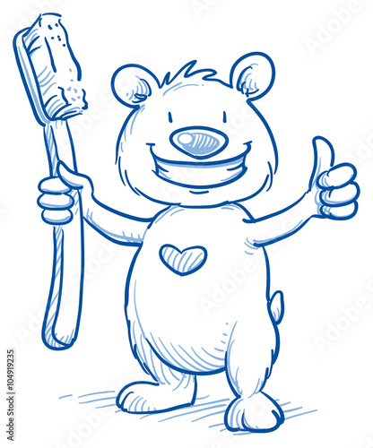 Cute cartoon bear with shiny teeth, holding a toothbrush, showing thumb up. Hand drawn line art cartoon vector illustration.