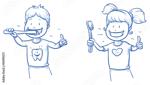 Two cute cartoon kids, brushing their teeth. Hand drawn line art cartoon vector illustration.