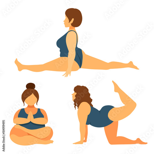Plus size young women doing fitness, yoga, forward split. Body love lifestyle healthcare illustration. Lotus namaste asana. Isolated on white background.