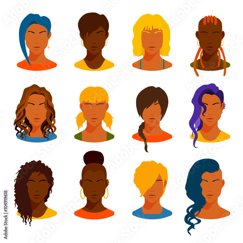 Flat icons collection of various women with stylish haircuts and color hairs. Modern design vector illustration avatars set. Isolated on white background.