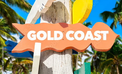Gold Coast sign with palm trees on background