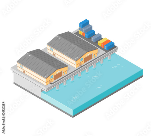 A vector illustration of an isometric pier with storage containers.
Wharf with industrial warehouses and containers.