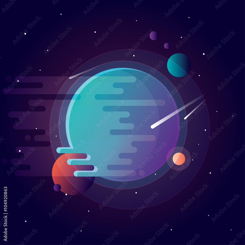 Vibrant colorful planets with falling comets. Universe vector illustration in flat design style