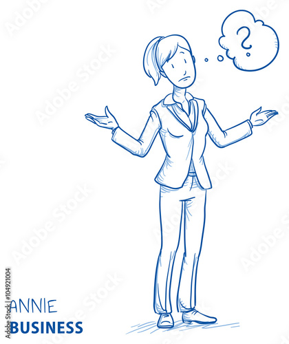 Clueless young woman in business clothes spreading her arms with thought bubble. Hand drawn line art cartoon vector illustration.