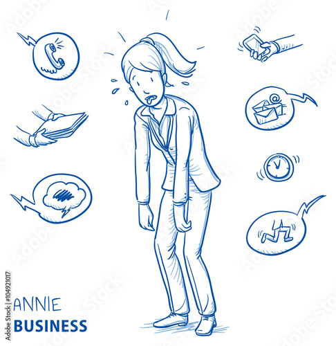 Exhausted young woman in business clothes sweating and panting. Hand drawn line art cartoon vector illustration.
