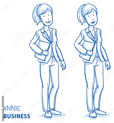 Young woman in business clothes holding a book or files ind two emotions happy and surprised. Hand drawn line art cartoon vector illustration.