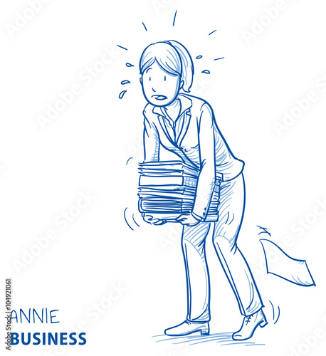 Happy young woman in business clothes carrying a heavy pile of documents. Hand drawn line art cartoon vector illustration.