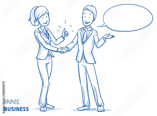 Happy young woman in business clothes showing thumb up and shaking hands with a young man. Hand drawn line art cartoon vector illustration.