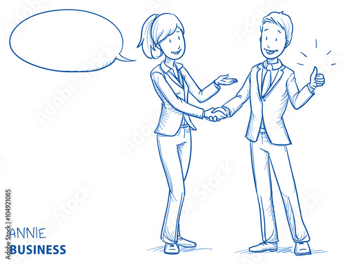 Happy young woman in business clothes explaining something and shaking hands with a young man showing thumb up. Hand drawn line art cartoon vector illustration.