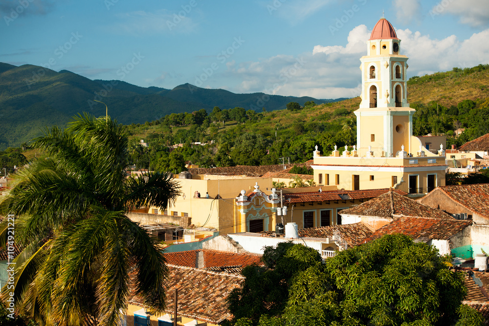 Famous Cuban city Trinidad with old church tower Convent of Sain