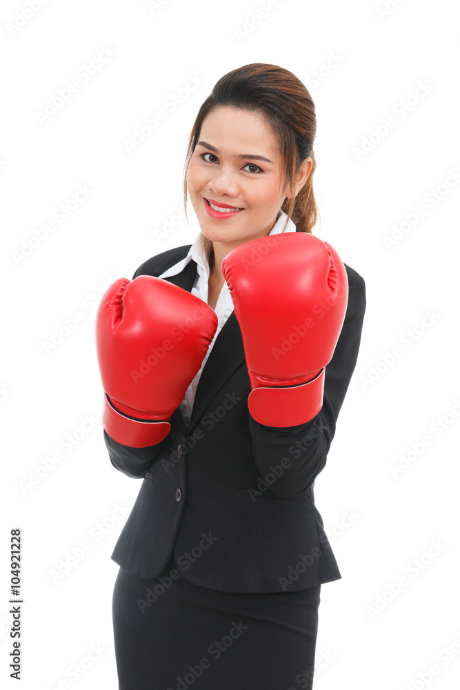 Asian business woman with boxing gloves isolated on white backgr Asian business woman with boxing gloves isolated on white backgr