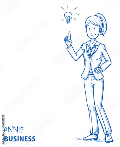 Happy young woman in business clothes pointing upwards to light bulb, concept for idea. Hand drawn line art cartoon vector illustration.