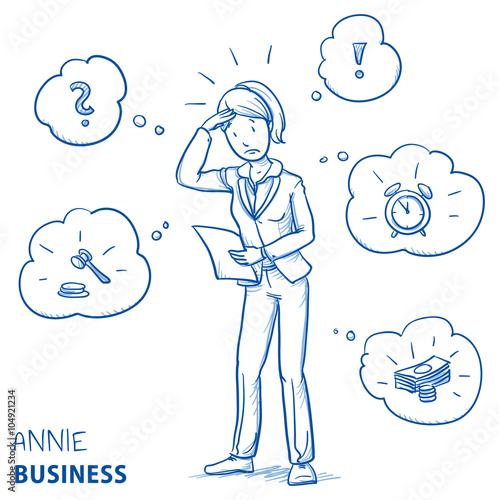 Confused young woman in business clothes holding a letter or document, looking concerned. Hand drawn line art cartoon vector illustration.