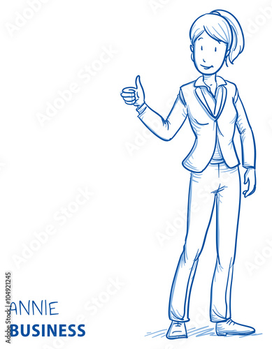 Happy young woman in business clothes showing thumb up. Hand drawn line art cartoon vector illustration.