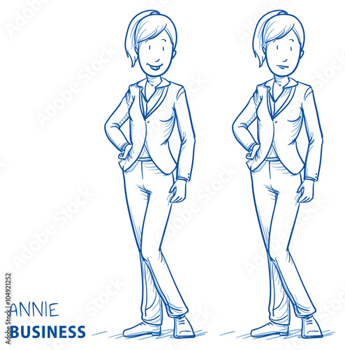 Happy young woman in business clothes standing. In two emotions happy and worried. Hand drawn line art cartoon vector illustration.