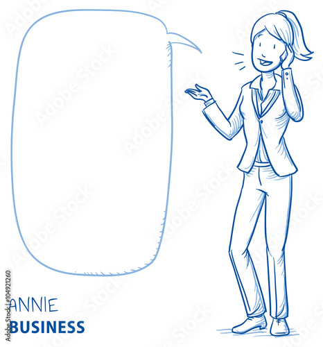 Happy young woman in business clothes talking on the phone with speech bubble. Hand drawn line art cartoon vector illustration.