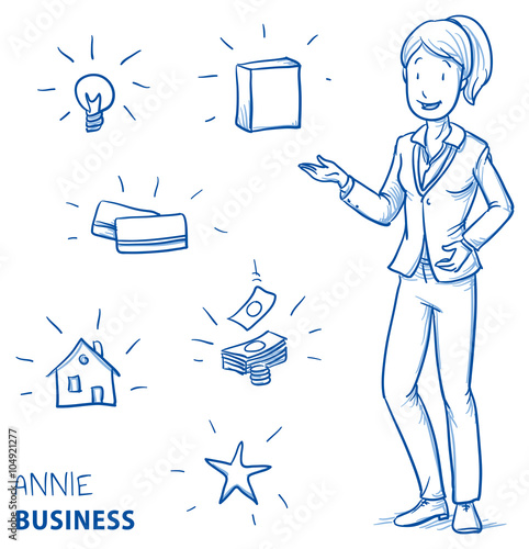Happy young woman in business clothes holding hand up for presenting something (with icons for product packaging, house, idea, card, money, star). Hand drawn line art cartoon vector illustration.