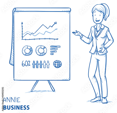 Happy young woman in business clothes holding hand as if explaining or presenting something (e.g product). Hand drawn line art cartoon vector illustration.