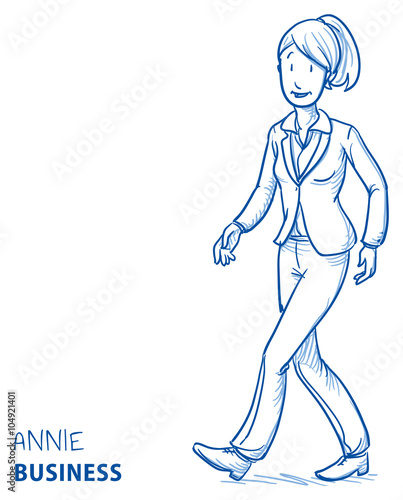 Happy young woman walking relaxed in business clothes. Hand drawn line art cartoon vector illustration.